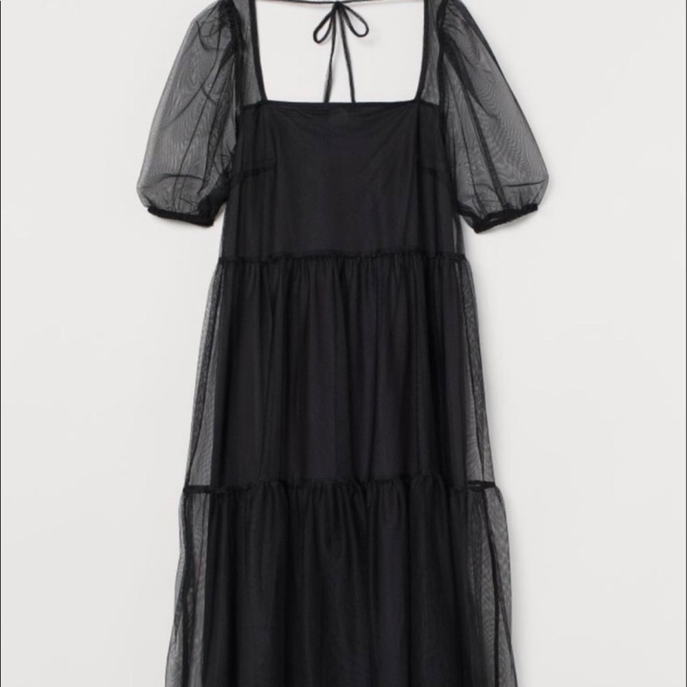 New! H&M Puff Sleeve Black Sheer Mesh Midi Dress S